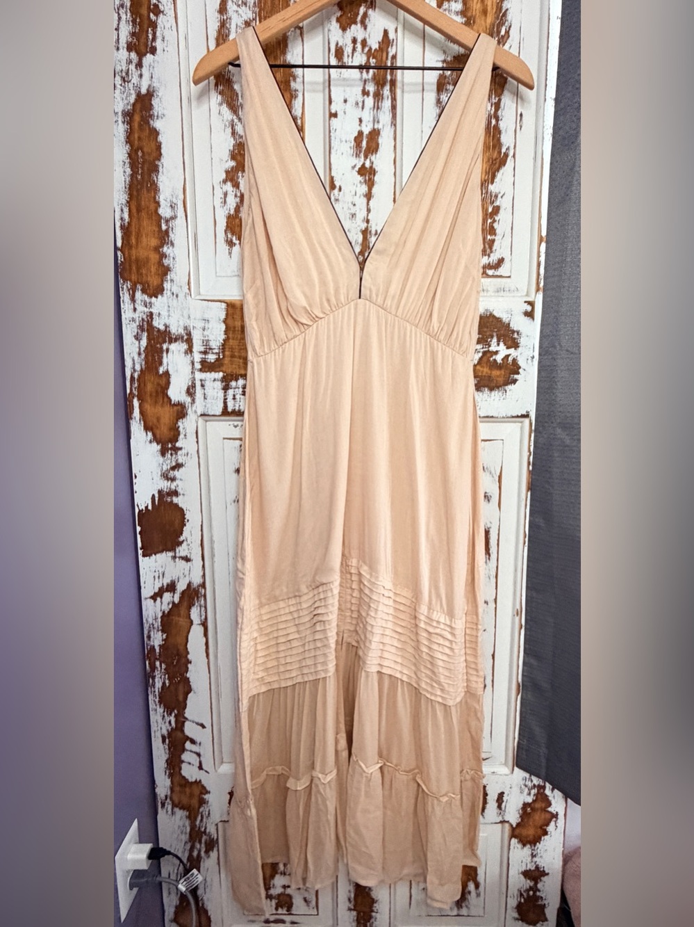 PAMPELONE Nude Blush Boho Maxi Dress Size L NWT Coastal Cottagecore